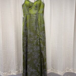 Azazie Olive Blossom Green Moira Floral Satin Maxi Gown with Slit
